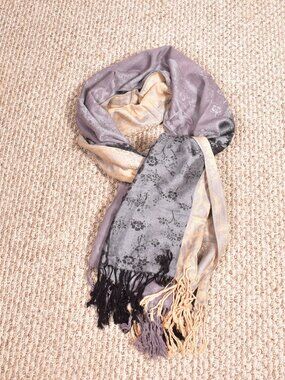 Tri Color Women's Scarf with Fringe Tan Black Grey